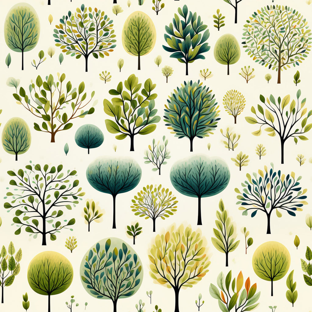 forest green, sage green, yellow-green, teal, cream background, botanical illustration, tree pattern, leaf motifs, nature design,, fabric panel, whimsical trees, organic shapes, watercolor style, spring theme, garden motifs, repeating pattern, soft pastels, folk art style, decorative foliage