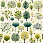 forest green, sage green, yellow-green, teal, cream background, botanical illustration, tree pattern, leaf motifs, nature design,, fabric panel, whimsical trees, organic shapes, watercolor style, spring theme, garden motifs, repeating pattern, soft pastels, folk art style, decorative foliage