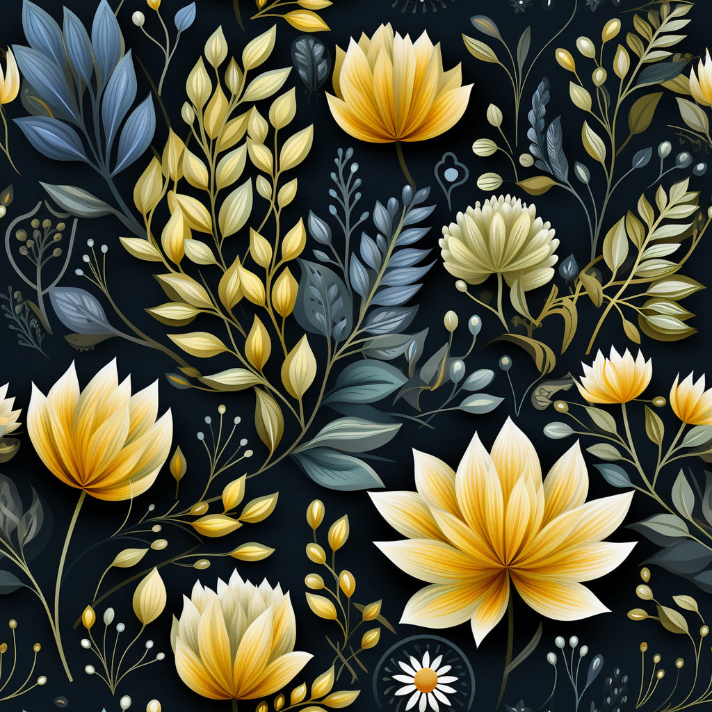 botanical floral pattern, golden yellow flowers, navy blue background, teal leaves, cream petals, decorative foliage, lotus blossoms,, fabric panel, nature motifs, elegant florals, dark backdrop, ornamental design, garden theme, stylized blooms, leafy branches, sophisticated palette, textile art, crafting material, botanical illustration