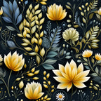 botanical floral pattern, golden yellow flowers, navy blue background, teal leaves, cream petals, decorative foliage, lotus blossoms,, fabric panel, nature motifs, elegant florals, dark backdrop, ornamental design, garden theme, stylized blooms, leafy branches, sophisticated palette, textile art, crafting material, botanical illustration