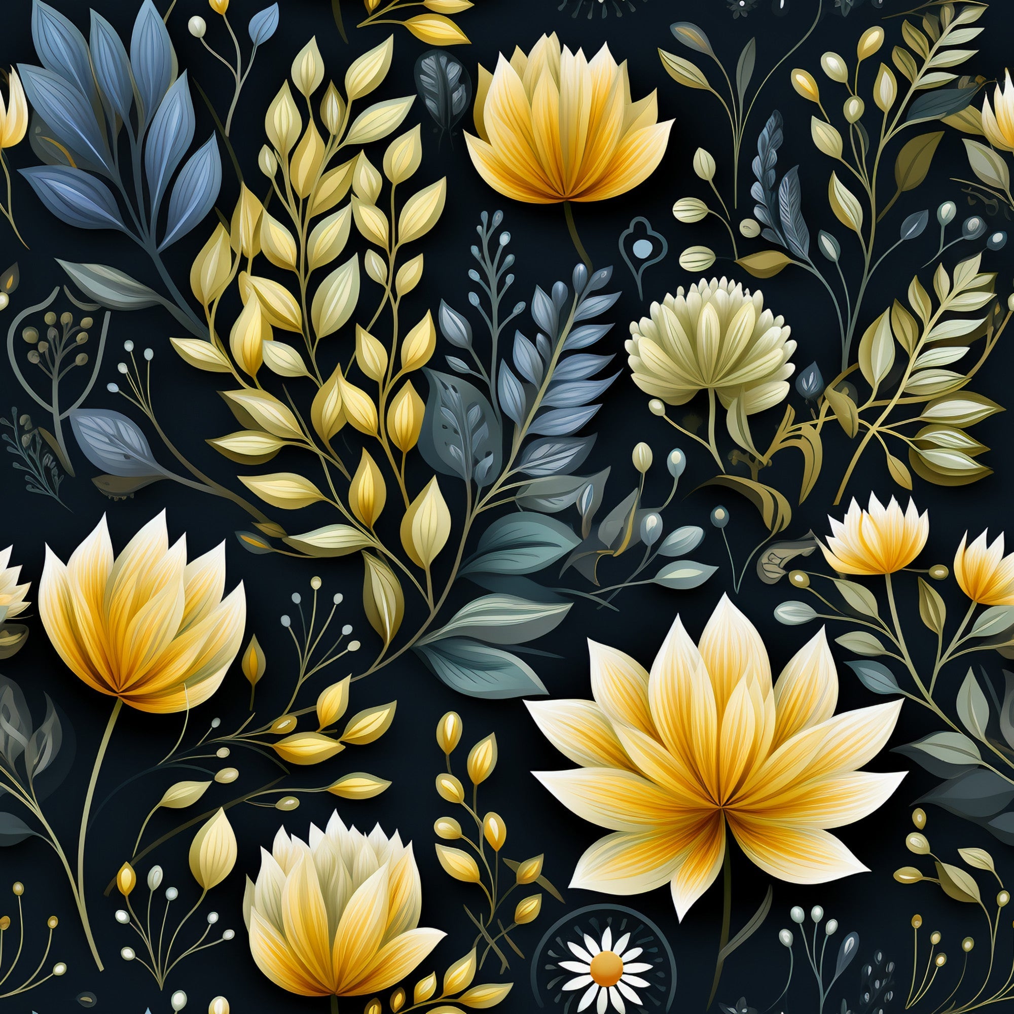 botanical floral pattern, golden yellow flowers, navy blue background, teal leaves, cream petals, decorative foliage, lotus blossoms,, fabric panel, nature motifs, elegant florals, dark backdrop, ornamental design, garden theme, stylized blooms, leafy branches, sophisticated palette, textile art, crafting material, botanical illustration