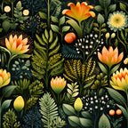 botanical garden,, fabric panel, floral pattern, orange flowers, yellow blooms, green foliage, dark background, nature motif, tropical plants, ferns, leaves, berries, stylized illustration, vibrant colors, garden theme, decorative florals, artistic botanical, lush greenery, contemporary design
