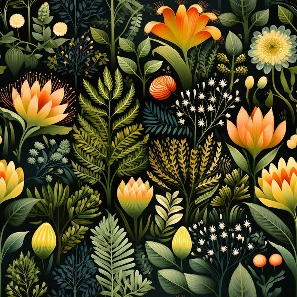 botanical garden,, fabric panel, floral pattern, orange flowers, yellow blooms, green foliage, dark background, nature motif, tropical plants, ferns, leaves, berries, stylized illustration, vibrant colors, garden theme, decorative florals, artistic botanical, lush greenery, contemporary design