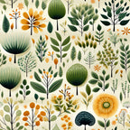 botanical pattern,, fabric panel, green foliage, orange flowers, cream background, nature motifs, leaves and stems, floral design, earthy tones, olive green, burnt orange, sage green, botanical illustration, garden theme, plant specimens, organic shapes, natural elements, contemporary style, crafting fabric