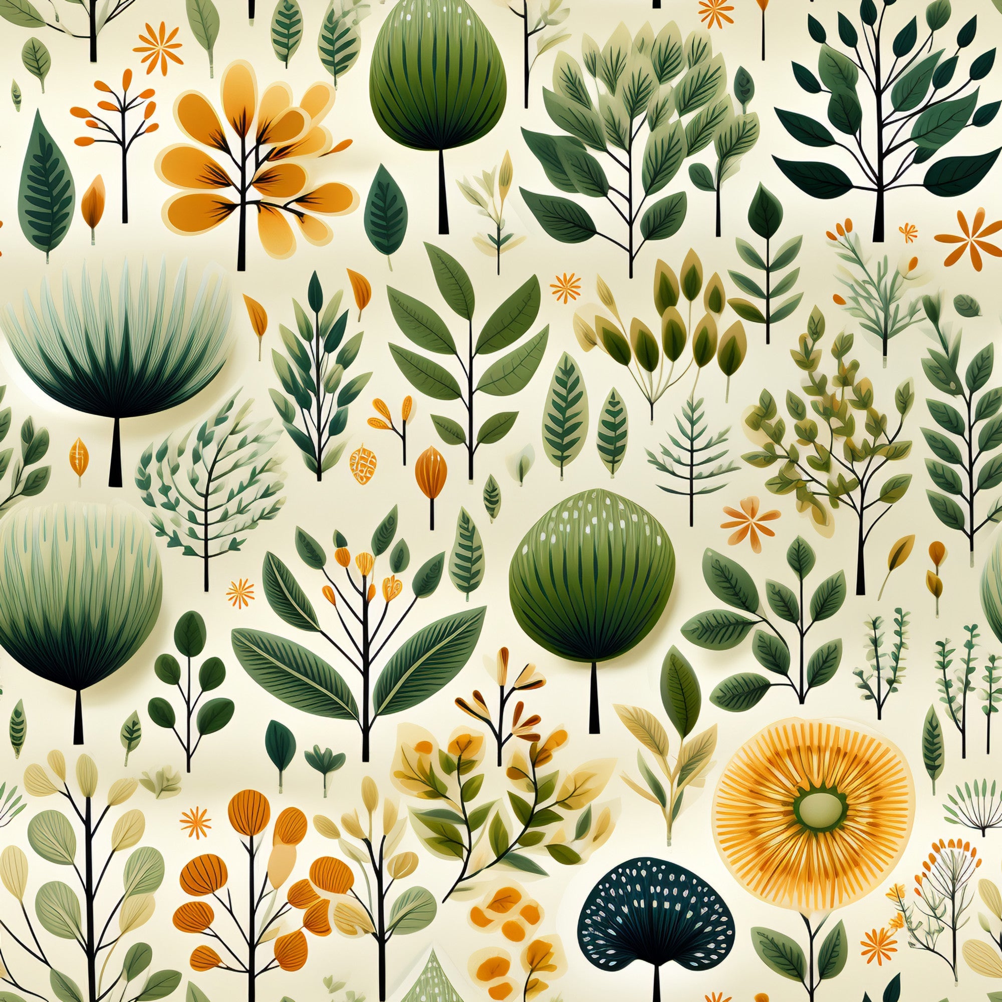 botanical pattern,, fabric panel, green foliage, orange flowers, cream background, nature motifs, leaves and stems, floral design, earthy tones, olive green, burnt orange, sage green, botanical illustration, garden theme, plant specimens, organic shapes, natural elements, contemporary style, crafting fabric