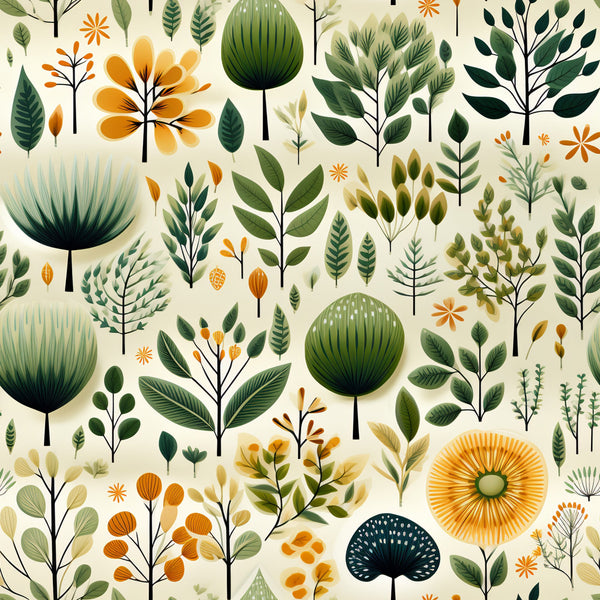 botanical pattern,, fabric panel, green foliage, orange flowers, cream background, nature motifs, leaves and stems, floral design, earthy tones, olive green, burnt orange, sage green, botanical illustration, garden theme, plant specimens, organic shapes, natural elements, contemporary style, crafting fabric