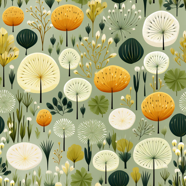 sage green, orange, cream, botanical illustration, dandelion seeds, umbrella flowers, stylized plants, nature pattern, modern floral, whimsical design,, fabric panel, seamless repeat, contemporary art style, spring garden, botanical motifs, geometric florals, mid-century modern, scandinavian design, coordinating colors