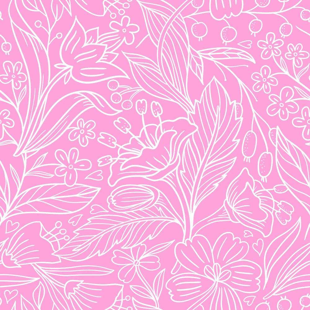 pink, white, floral pattern, botanical design, leaves, flowers, berries, breast cancer awareness,, fabric panel, delicate linework, outline style, monochromatic, feminine, soft pattern, nature motifs, seamless repeat, crafting fabric, medical awareness, support ribbon