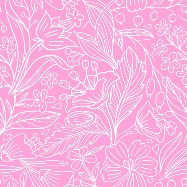 pink, white, floral pattern, botanical design, leaves, flowers, berries, breast cancer awareness,, fabric panel, delicate linework, outline style, monochromatic, feminine, soft pattern, nature motifs, seamless repeat, crafting fabric, medical awareness, support ribbon
