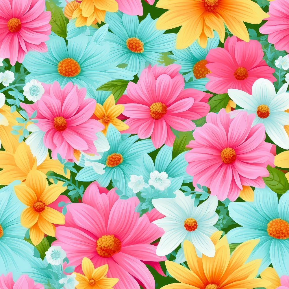 bright flowers, summer blooms, pink flowers, turquoise flowers, yellow flowers, white flowers, orange centers, floral pattern,, fabric panel, colorful blooms, spring garden, cheerful design, botanical print, daisy-like flowers, vibrant colors, seamless pattern, cotton fabric, quilting material, blooming garden