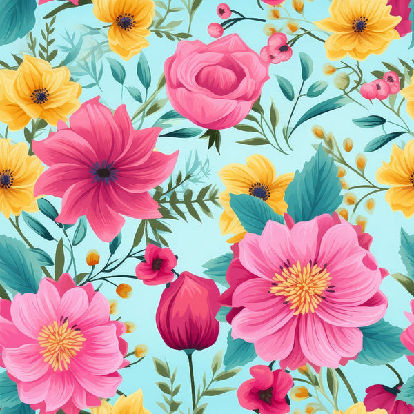 bright flowers, summer blooms, pink roses, yellow flowers, coral blossoms, mint green background, teal leaves, floral pattern, botanical design,, fabric panel, cheerful mood, vibrant colors, garden flowers, layered petals, natural elements, spring theme, decorative florals, cotton fabric, blooming pattern