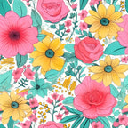 coral pink, golden yellow, teal green, white background, floral pattern, roses, daisies, botanical leaves, summer flowers, blooming petals,, fabric panel, cheerful mood, vibrant colors, seamless repeat, garden theme, nature motif, crafting material, bright blooms, tropical style