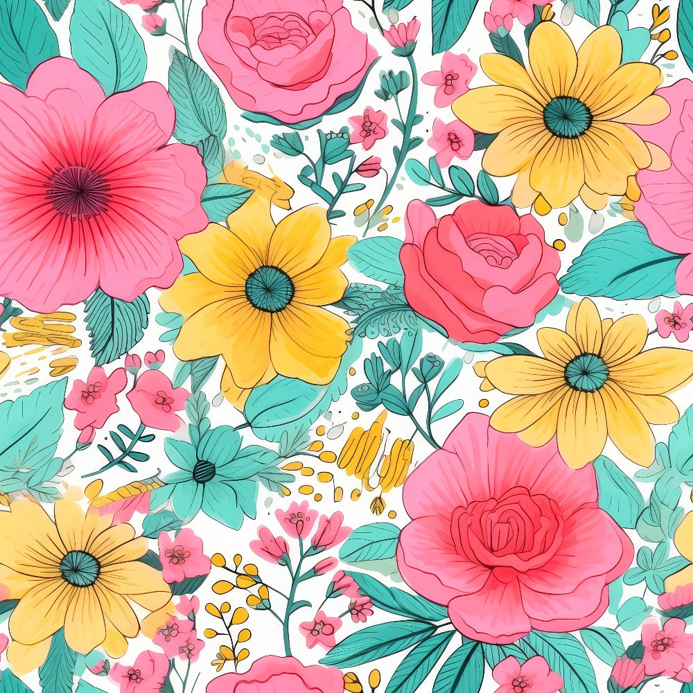 coral pink, golden yellow, teal green, white background, floral pattern, roses, daisies, botanical leaves, summer flowers, blooming petals,, fabric panel, cheerful mood, vibrant colors, seamless repeat, garden theme, nature motif, crafting material, bright blooms, tropical style