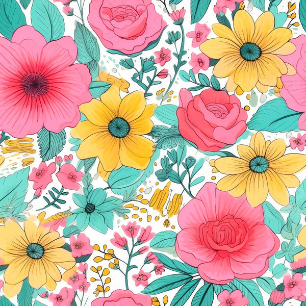 coral pink, golden yellow, teal green, white background, floral pattern, roses, daisies, botanical leaves, summer flowers, blooming petals,, fabric panel, cheerful mood, vibrant colors, seamless repeat, garden theme, nature motif, crafting material, bright blooms, tropical style