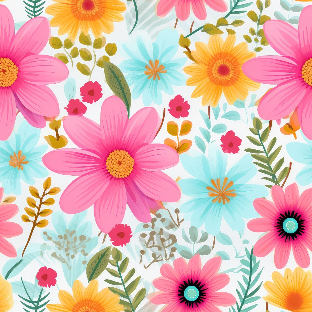 pink flowers, yellow blooms, turquoise petals, coral blossoms, green leaves, floral pattern, daisy-like flowers, botanical design, spring flowers, summer blooms,, fabric panel, cheerful mood, bright colors, seamless repeat, garden flowers, pastel palette, whimsical style, blooming pattern