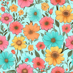 bright flowers, summer blooms, floral pattern,, fabric panel, turquoise background, pink flowers, yellow blooms, orange petals, coral blossoms, daisy flowers, cosmos flowers, green leaves, botanical design, cheerful mood, vibrant colors, repeating pattern, garden flowers, spring florals, crafting fabric