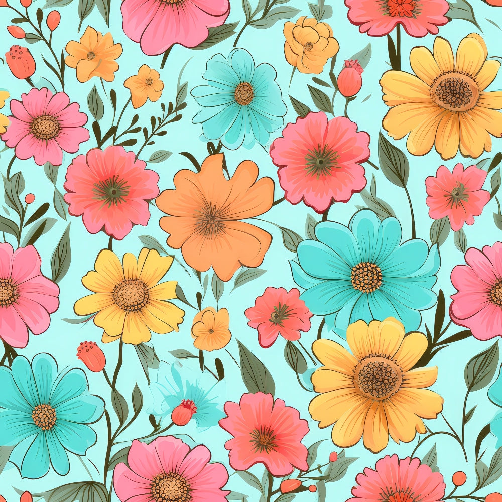 bright flowers, summer blooms, floral pattern,, fabric panel, turquoise background, pink flowers, yellow blooms, orange petals, coral blossoms, daisy flowers, cosmos flowers, green leaves, botanical design, cheerful mood, vibrant colors, repeating pattern, garden flowers, spring florals, crafting fabric