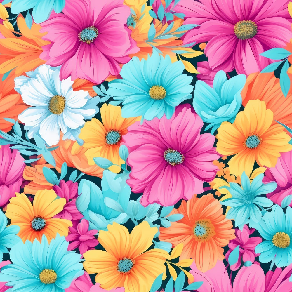 bright flowers, summer blooms,, fabric panel, floral pattern, pink flowers, turquoise blooms, orange blossoms, yellow flowers, white daisies, coral petals, vibrant colors, botanical design, daisy-like flowers, colorful petals, spring garden, blooming pattern, cheerful florals, tropical colors, seamless repeat