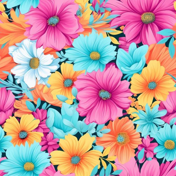 bright flowers, summer blooms,, fabric panel, floral pattern, pink flowers, turquoise blooms, orange blossoms, yellow flowers, white daisies, coral petals, vibrant colors, botanical design, daisy-like flowers, colorful petals, spring garden, blooming pattern, cheerful florals, tropical colors, seamless repeat
