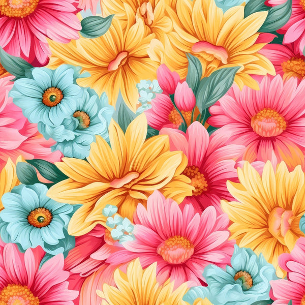 bright flowers, summer blooms, floral pattern, pink petals, yellow flowers, turquoise blooms, orange centers, green leaves,, fabric panel, tropical style, vibrant colors, daisy flowers, hibiscus blooms, seamless repeat, cheerful mood, botanical design, spring garden, colorful petals, floral motifs