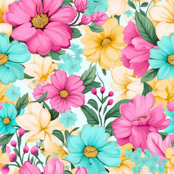 bright floral, summer flowers, pink blooms, turquoise flowers, yellow blossoms, cream petals, green leaves, botanical pattern, daisy-like flowers, seamless repeat,, fabric panel, cheerful design, spring garden, tropical blooms, vibrant colors, floral motifs, nature inspired, cotton fabric, blooming pattern