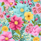 bright flowers, summer blooms, pink flowers, yellow flowers, turquoise background, floral pattern, botanical design,, fabric panel, cheerful mood, garden flowers, pastel colors, repeating pattern, spring theme, feminine design, cottage style, craft fabric, sewing material