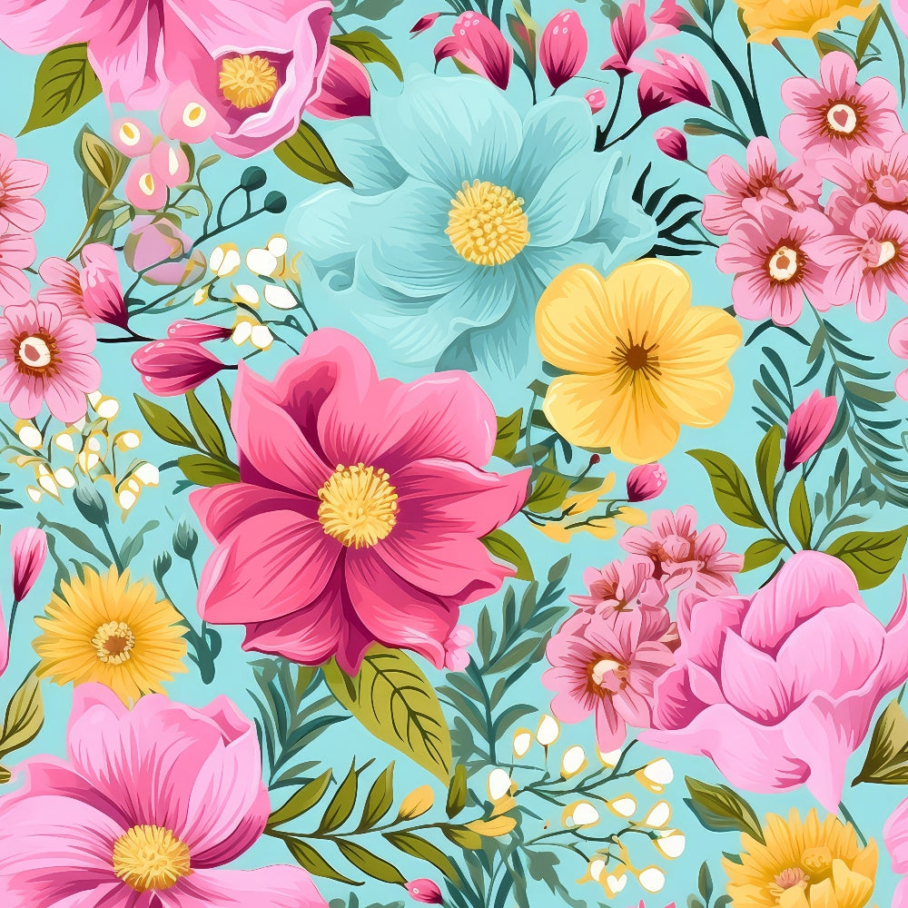 bright flowers, summer blooms, pink flowers, yellow flowers, turquoise background, floral pattern, botanical design,, fabric panel, cheerful mood, garden flowers, pastel colors, repeating pattern, spring theme, feminine design, cottage style, craft fabric, sewing material