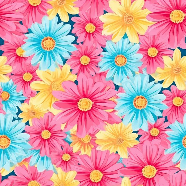 bright flowers, summer blooms, pink flowers, blue flowers, yellow flowers, coral petals, turquoise blooms, daisy pattern, floral design,, fabric panel, cheerful mood, vibrant colors, overlapping flowers, botanical print, spring theme, crafting fabric, sewing material, colorful petals, flower centers