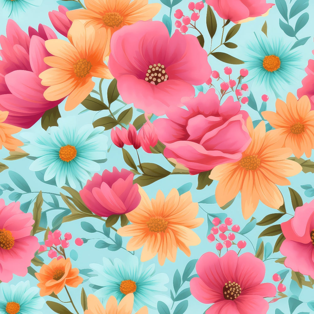 coral pink, turquoise, peach orange, mint green, floral pattern, blooming flowers, daisies, roses, berries, botanical design, summer flowers, bright colors,, fabric panel, cheerful mood, nature motif, garden blooms, vibrant florals, soft pastels, feminine design