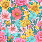 bright florals, summer flowers, pink blossoms, yellow sunflowers, turquoise blooms, coral petals, botanical print, garden flowers,, fabric panel, pastel background, floral pattern, blooming design, cheerful colors, spring motif, cotton fabric, quilting material, flower garden, vibrant blooms, botanical illustration