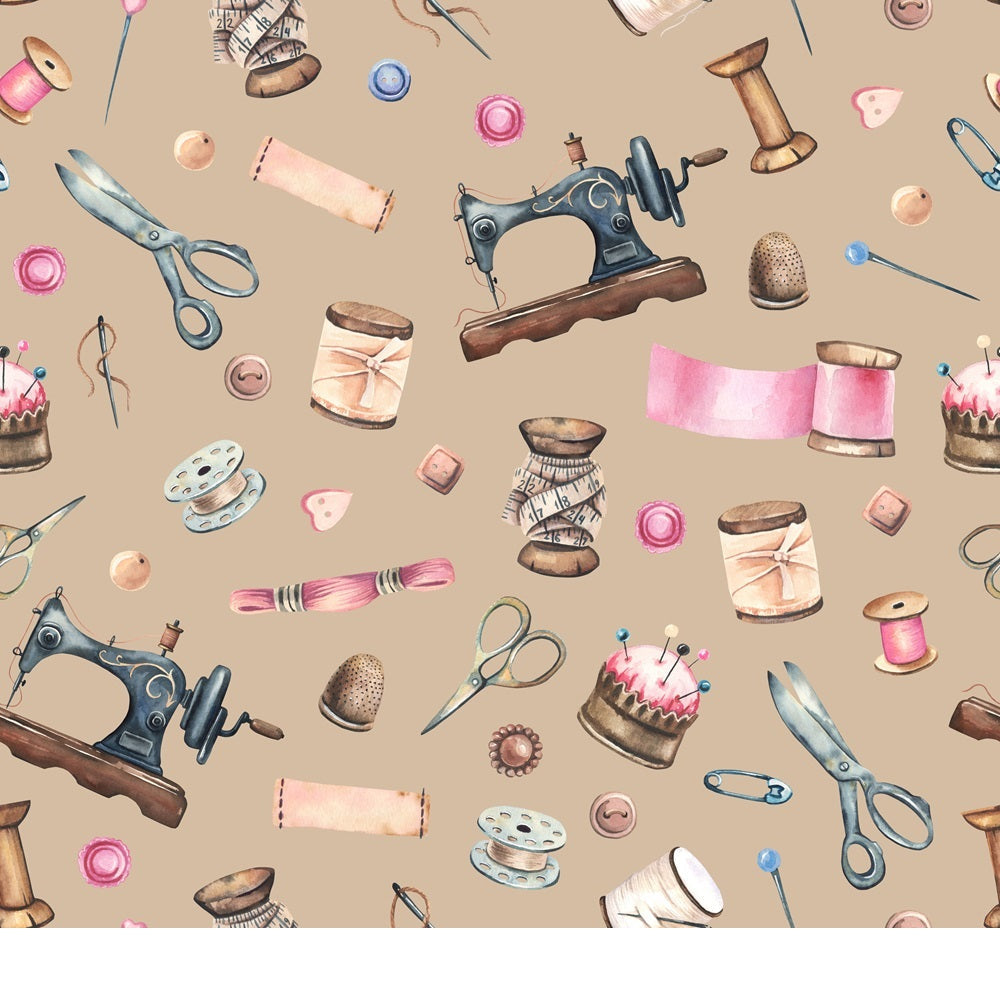 brown, beige, tan, pink, blue, vintage sewing, quilting cotton, fabric panel, sewing machine, scissors, thread spools, thimble, buttons, pins, pincushion, needles, craft tools, watercolor style, nostalgic, handmade motifs, seamless pattern