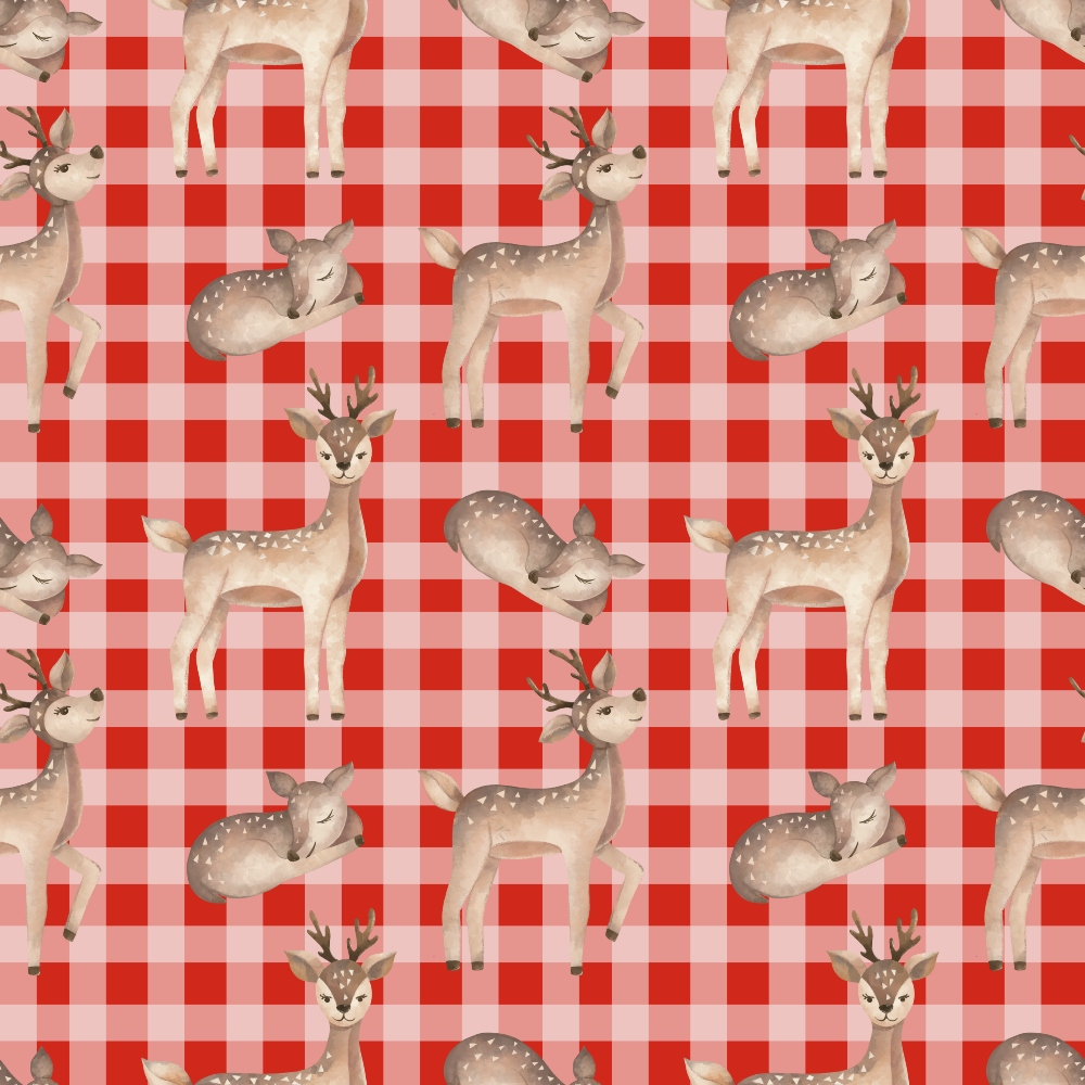 red, white, pink, buffalo plaid, gingham, checkered pattern, deer, fawn, spotted deer, antlers, woodland animals, forest creatures, cute animals, sleeping deer,, fabric panel, repeating pattern, country style, rustic, cozy design, nature theme