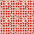 red, white, pink, buffalo plaid, gingham, checkered pattern, deer, fawn, spotted deer, antlers, woodland animals, forest creatures, cute animals, sleeping deer,, fabric panel, repeating pattern, country style, rustic, cozy design, nature theme