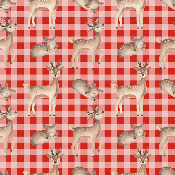 red, white, pink, buffalo plaid, gingham, checkered pattern, deer, fawn, spotted deer, antlers, woodland animals, forest creatures, cute animals, sleeping deer,, fabric panel, repeating pattern, country style, rustic, cozy design, nature theme