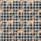buffalo plaid, deer, checkered pattern, brown, tan, beige, black, white, spotted deer, fawn, woodland animals, nature motif,, fabric panel, rustic style, country theme, animal print, geometric background, forest creatures, nursery fabric