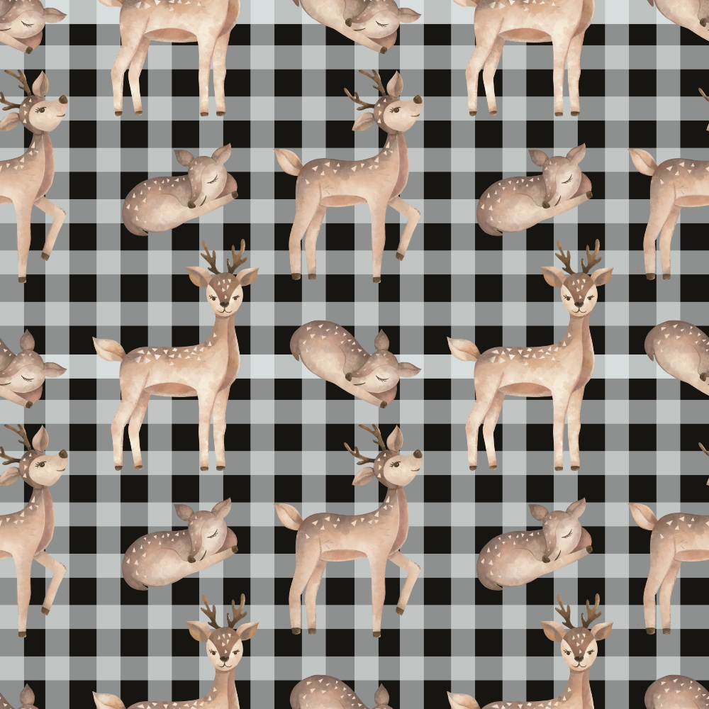 buffalo plaid, deer, checkered pattern, brown, tan, beige, black, white, spotted deer, fawn, woodland animals, nature motif,, fabric panel, rustic style, country theme, animal print, geometric background, forest creatures, nursery fabric