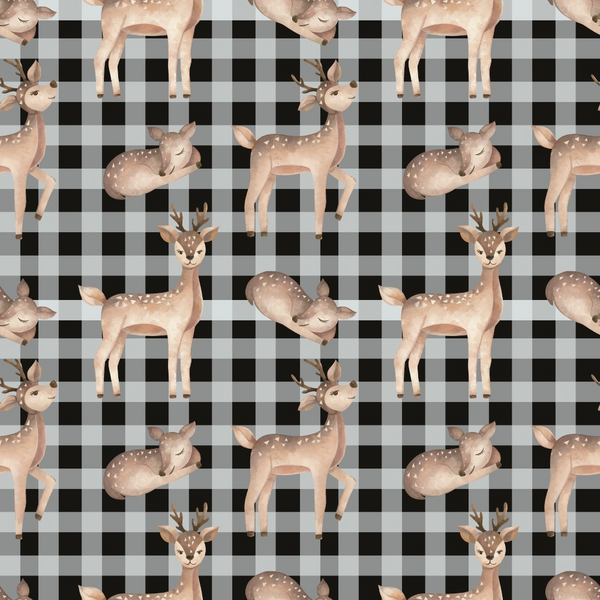buffalo plaid, deer, checkered pattern, brown, tan, beige, black, white, spotted deer, fawn, woodland animals, nature motif,, fabric panel, rustic style, country theme, animal print, geometric background, forest creatures, nursery fabric