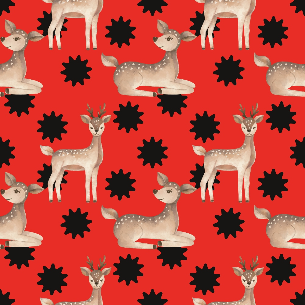 red background, brown deer, black sunbursts, spotted deer, white dots, antlers, standing deer, lying deer, geometric shapes, repeating pattern,, fabric panel, woodland animals, nature theme, contrasting colors, stylized deer, modern illustration, craft fabric, sewing material