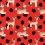 red background, brown deer, black sunbursts, spotted deer, white dots, antlers, standing deer, lying deer, geometric shapes, repeating pattern,, fabric panel, woodland animals, nature theme, contrasting colors, stylized deer, modern illustration, craft fabric, sewing material