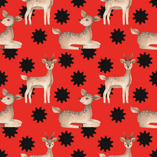 red background, brown deer, black sunbursts, spotted deer, white dots, antlers, standing deer, lying deer, geometric shapes, repeating pattern,, fabric panel, woodland animals, nature theme, contrasting colors, stylized deer, modern illustration, craft fabric, sewing material