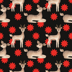 black background, red stars, brown deer, spotted deer, antlers, fawn, lying deer, standing deer, repeating pattern, wildlife motif,, fabric panel, geometric stars, neutral tones, animal print, craft fabric, sewing material, nature theme, woodland creatures