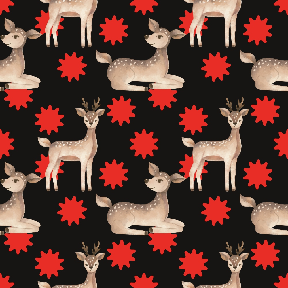 black background, red stars, brown deer, spotted deer, antlers, fawn, lying deer, standing deer, repeating pattern, wildlife motif,, fabric panel, geometric stars, neutral tones, animal print, craft fabric, sewing material, nature theme, woodland creatures