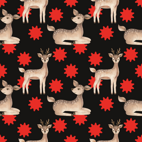 black background, red stars, brown deer, spotted deer, antlers, fawn, lying deer, standing deer, repeating pattern, wildlife motif,, fabric panel, geometric stars, neutral tones, animal print, craft fabric, sewing material, nature theme, woodland creatures