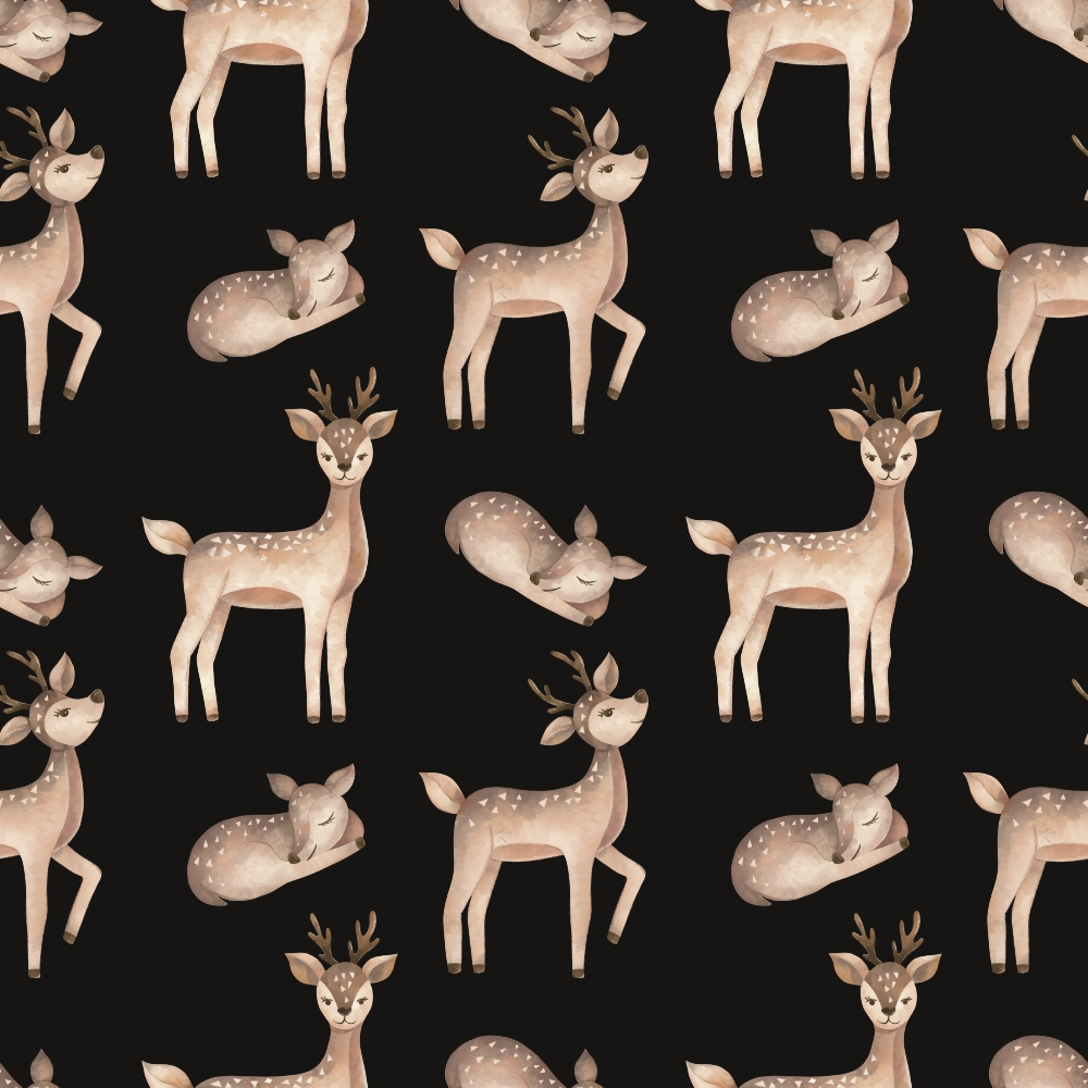 deer pattern, fawn illustration, spotted deer, antlers, brown tones, beige colors, black background, woodland animals, forest creatures, sleeping deer, standing deer, white spots, peaceful mood, gentle style,, fabric panel, nursery theme, wildlife design, soft illustration, repeating pattern