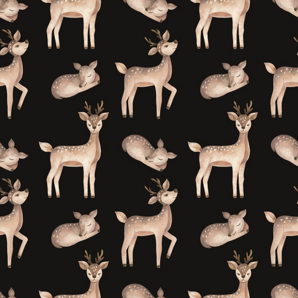 deer pattern, fawn illustration, spotted deer, antlers, brown tones, beige colors, black background, woodland animals, forest creatures, sleeping deer, standing deer, white spots, peaceful mood, gentle style,, fabric panel, nursery theme, wildlife design, soft illustration, repeating pattern