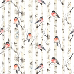 bullfinches, birch trees, coral pink, soft gray, cream white, watercolor style, forest scene, small birds, nature pattern, winter birds,, fabric panel, delicate branches, woodland theme, pale background, scattered design, pastel tones, organic motifs, tree trunks, perched birds