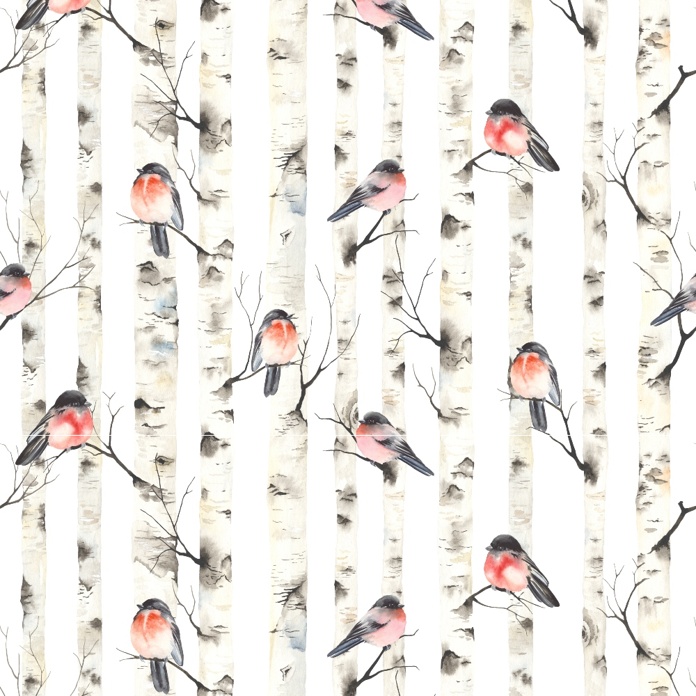 bullfinches, birch trees, coral pink, soft gray, cream white, watercolor style, forest scene, small birds, nature pattern, winter birds,, fabric panel, delicate branches, woodland theme, pale background, scattered design, pastel tones, organic motifs, tree trunks, perched birds