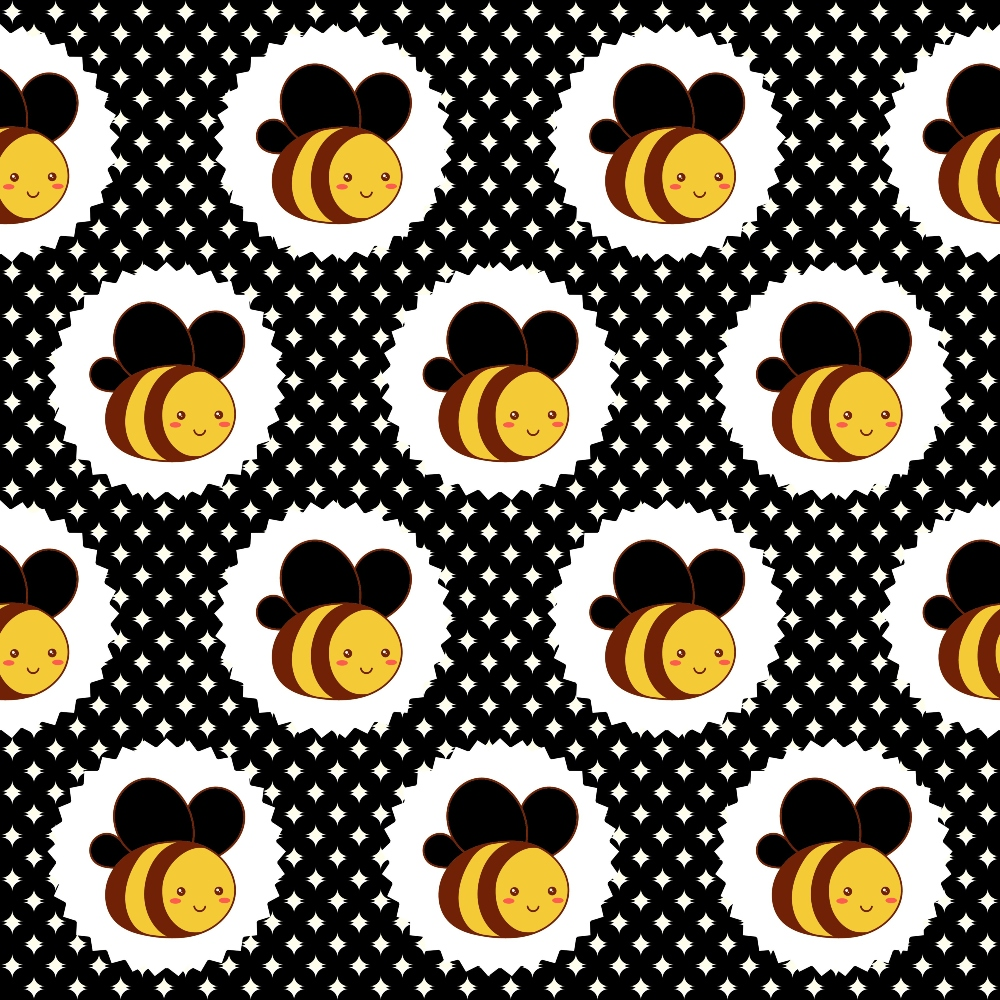 bumble bees, cute bees, yellow, black, white, honeycomb pattern, hexagonal design, geometric pattern, kawaii style, adorable faces,, fabric panel, repeating pattern, insect motif, cheerful design, spring theme, nature inspired, craft fabric, sewing material, whimsical bees