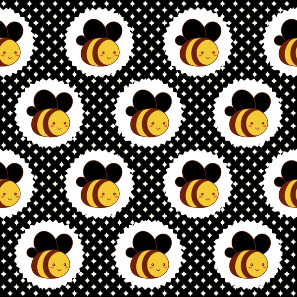 bumble bees, cute bees, yellow, black, white, honeycomb pattern, hexagonal design, geometric pattern, kawaii style, adorable faces,, fabric panel, repeating pattern, insect motif, cheerful design, spring theme, nature inspired, craft fabric, sewing material, whimsical bees
