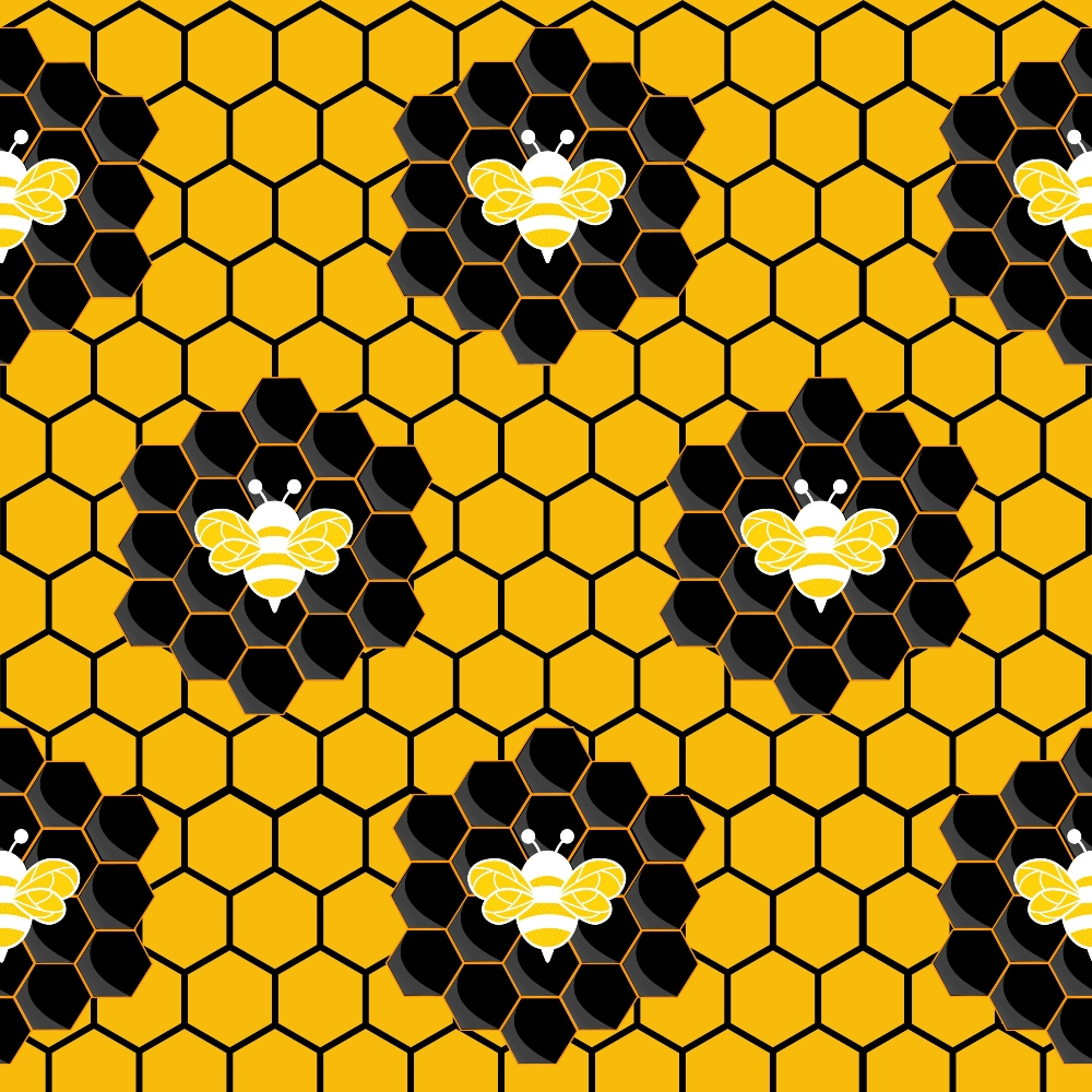 yellow, black, white, honeycomb pattern, hexagonal, bees, bumble bees, geometric, repeating pattern,, fabric panel, nature inspired, insect motif, golden yellow, bright colors, craft fabric, sewing material, bee wings, hive pattern, summer theme